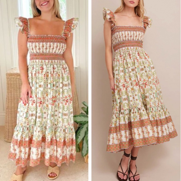 NWT Cara Cara Ruby Midi Dress - Vine Floral Egret Pink Flattering Puff Sleeve - Picture 1 of 8